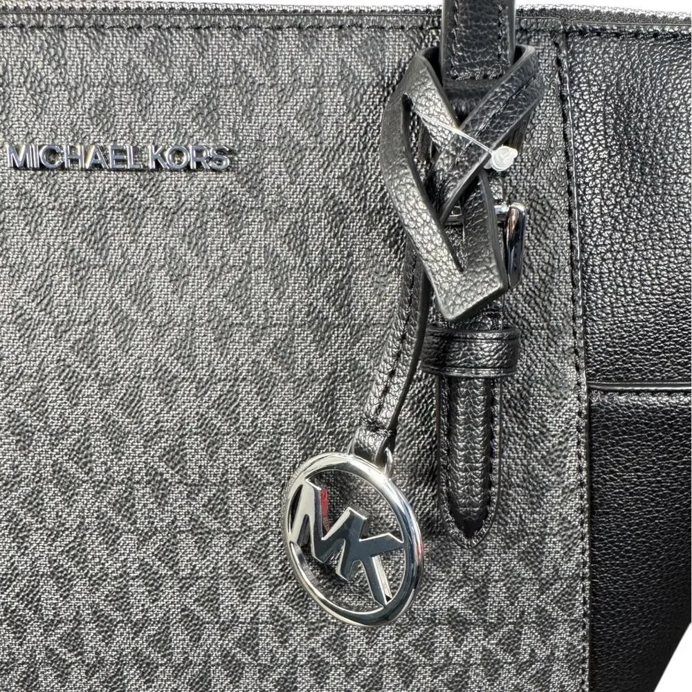 Michael Kors Charlotte Signature Logo Tote Bag Large Black Leather Zip‎ Top NWT